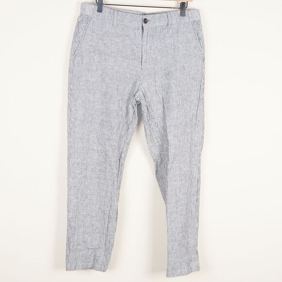 Uniqlo Blue White Pin Striped Linen Cotton Blend Pants Tapered Pants Sz L - Picture 1 of 10